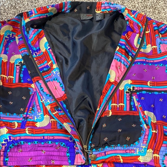 VNTG Mureli 100% Silk Vibrant Purple and Red Bomber Jacket with Artistic Flair - Picture 9 of 10